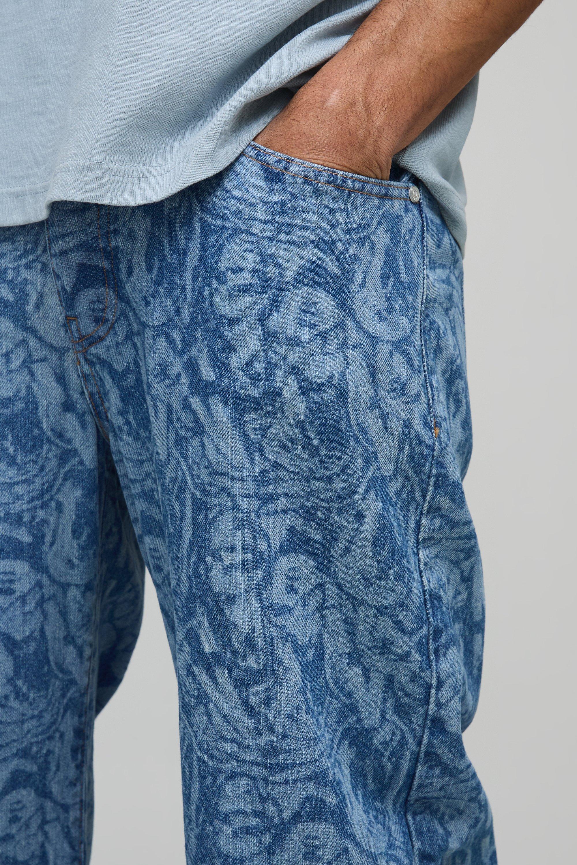 Relaxed Rigid Laser Printed Denim Jeans | boohoo USA